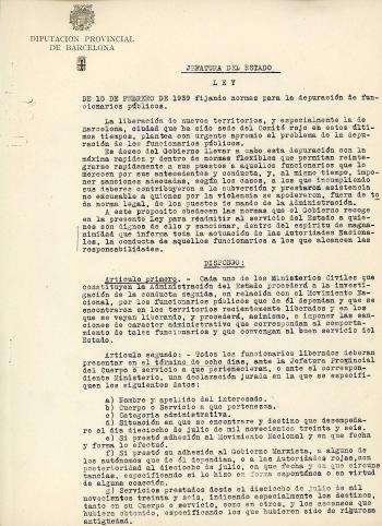 Llei 10 de febrer de 1939 fixant normes per a la depuració de funcionaris públics. Fons: Diputació de Barcelona. (CAT AGDB Q-518, exp.9)