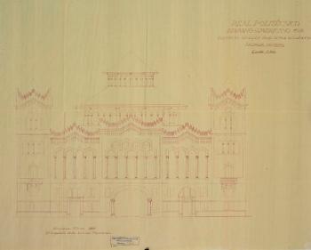 Plànol de la façana de l’edifici. AGDB. Fons: Diputació de Barcelona. R. 3703 i R. 3705. Autoria: desconeguda. Plànols del Real Politécnico Hispano-Americano, 1929.